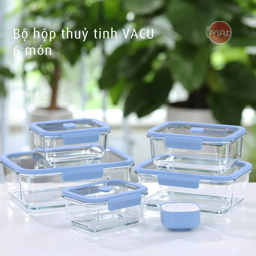 Bộ hộp thủy tinh chân không Neoflam VACU 6 món có bơm hút chân không kèm theo, dùng trong nhà bếp, lò nướng, lò vi sóng, tủ lạnh, máy rửa chén