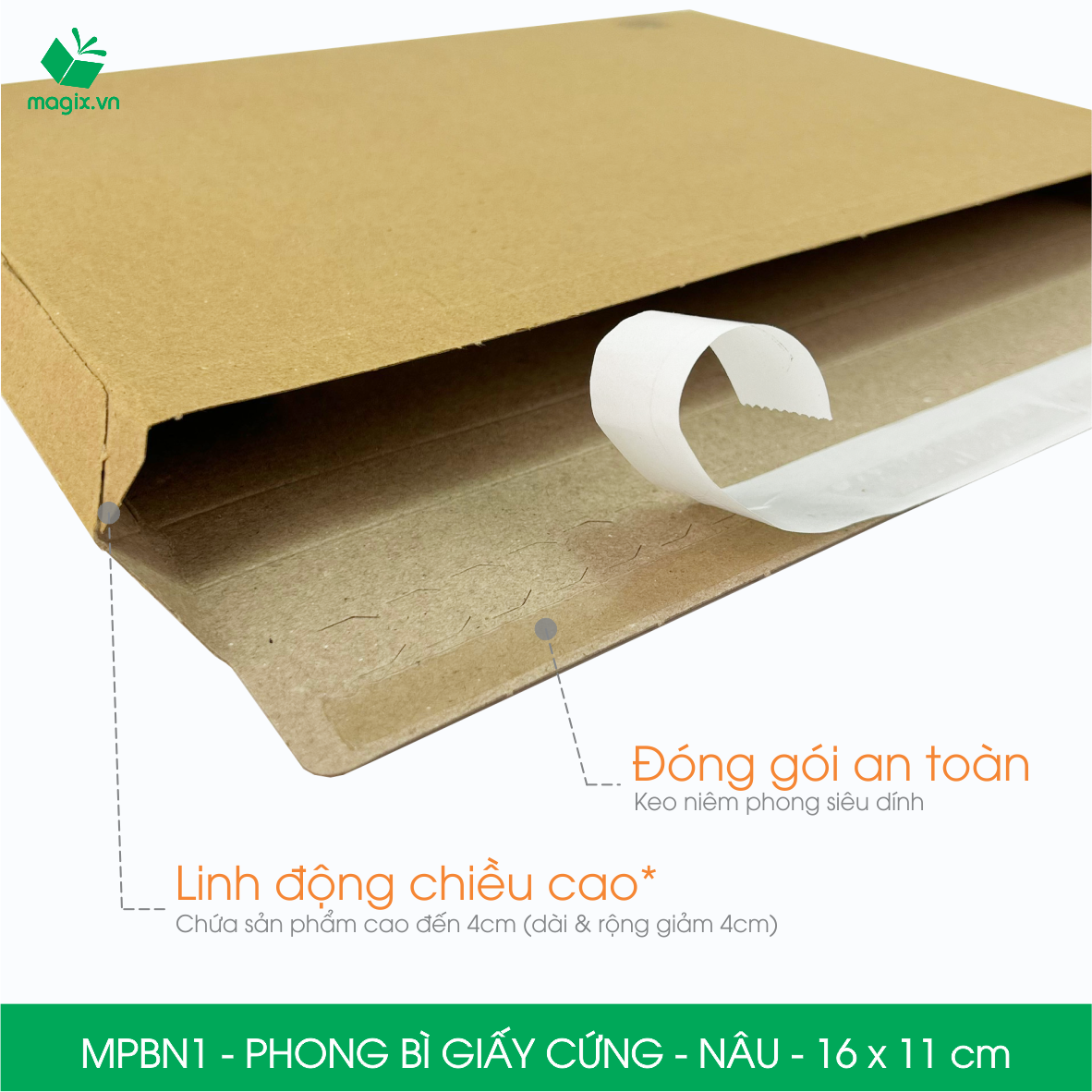 MPBN1 - 16x11 cm - Combo 60 phong bì giấy cứng đóng hàng màu nâu thay thế túi gói hàng