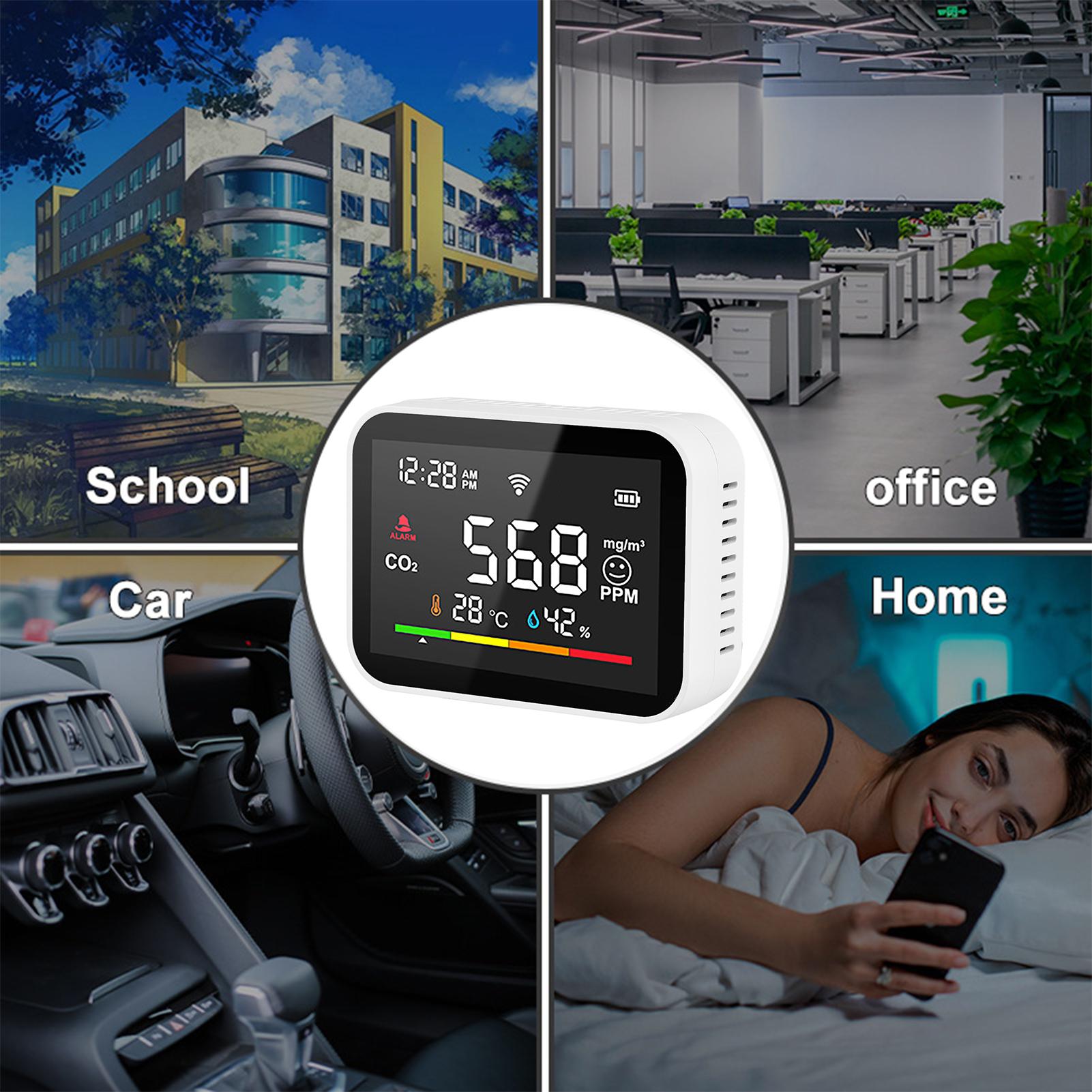 WiFi Smart CO2 Detector Portable Air Quality Monitor CO2 Alarm Meter LCD Temperature Humidity Tester Multifunctional CO2 Temp. & Humidity Detecting Gauge Carbon Dioxide Detection Intelligent Linkage Mobile Phone APP Remotes Viewing