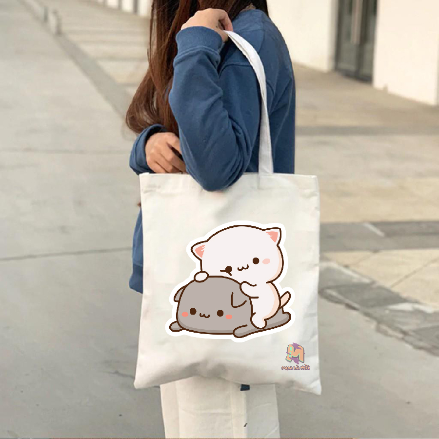 Túi Tote in hình chủ đề Mochi Mochi Peach Cat