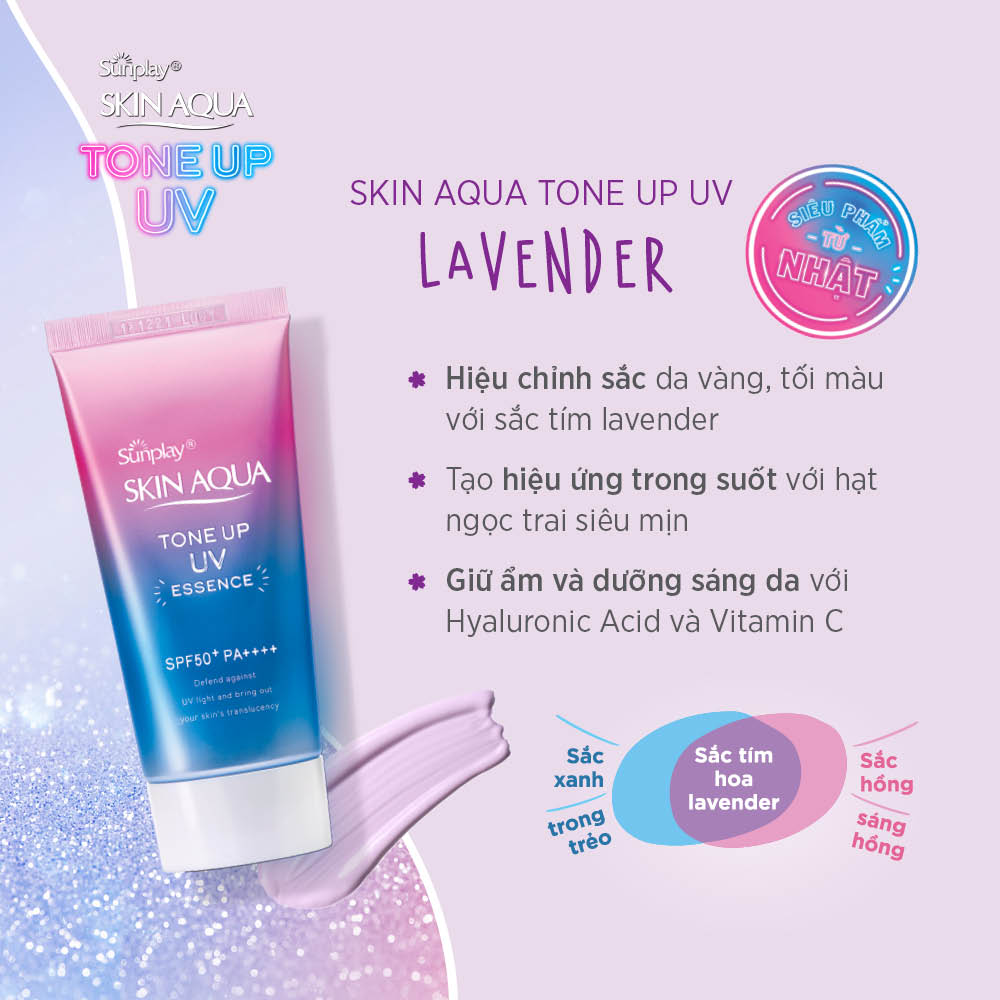 Kem chống nắng nâng tông Skin Aqua Tone up Lavender cho da tối màu &amp; da vàng, dạng tinh chất Sunplay Skin Aqua Tone Up UV Essence Lavender SPF 50+ PA++++ 50g