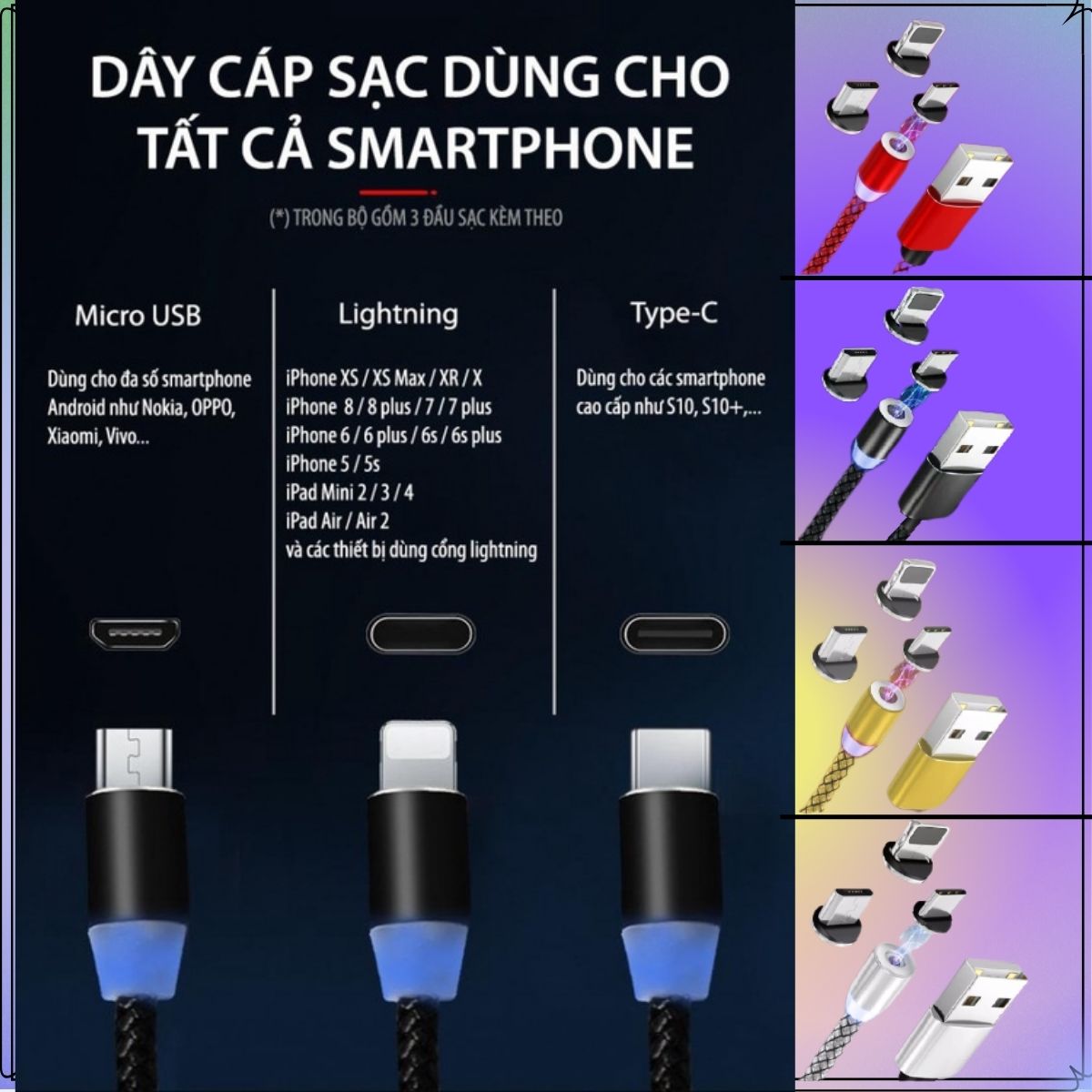 Dây Sạc Nam Châm 2A, Có 3 Đầu Xoay 360 Độ, Dây Dù Có LED Cao Cấp Dài 1m