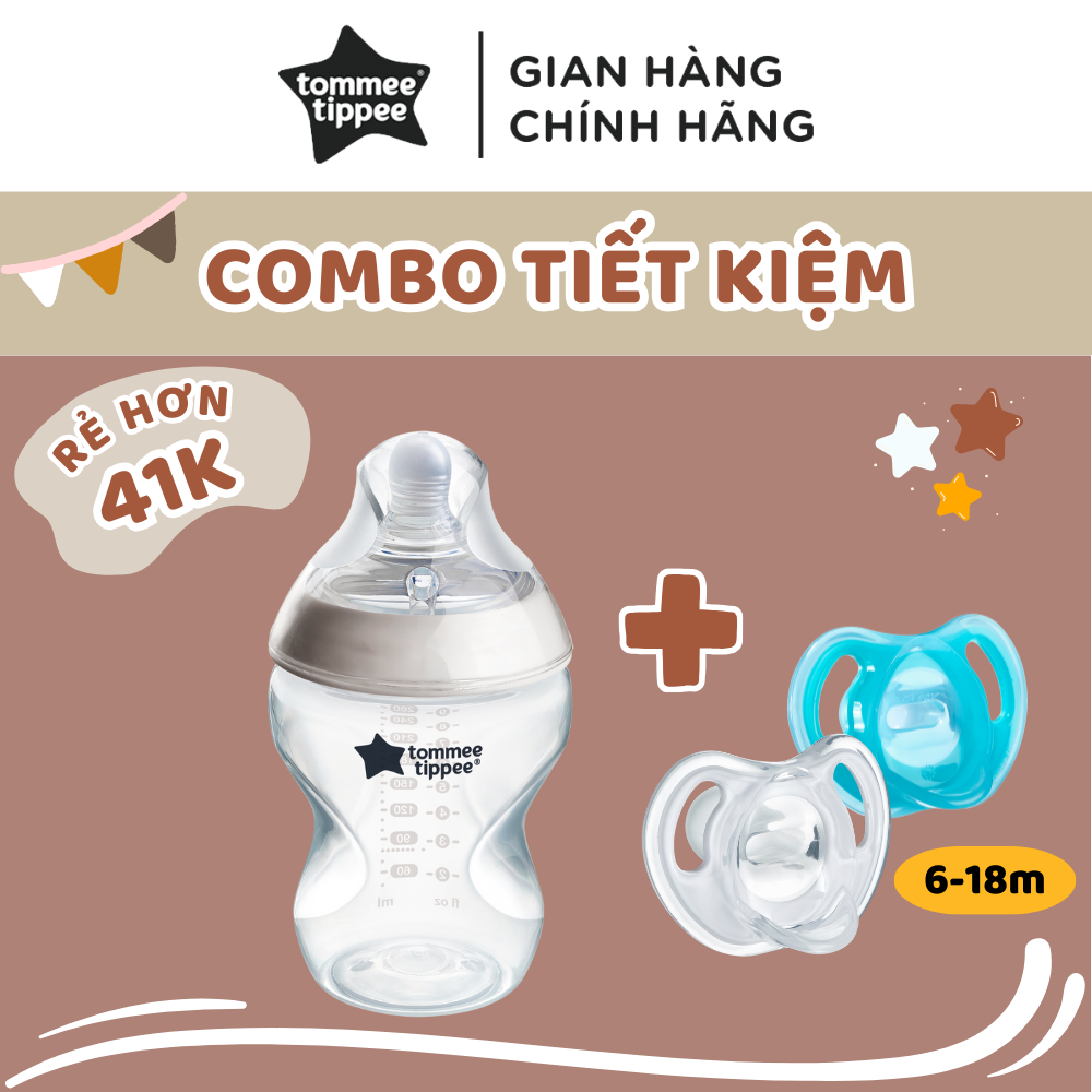COMBO Ty ngậm silicon siêu nhẹ Tommee Tippee Ultra Light & Bình sữa ty siêu mềm Tommee Tippee Natural Start 260ml