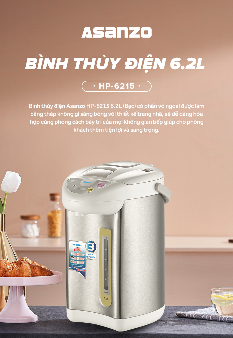 Bình Thuỷ Điện Asanzo 6.2L HP-6215 - Hàng Chính Hãng