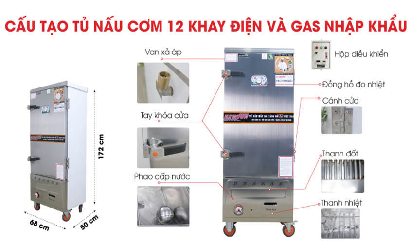 Tủ Nấu Cơm 36 Kg Gạo/ Mẻ Bằng Điện Gas 12 Khay Nhập Khẩu NEWSUN - Hàng Chính Hãng