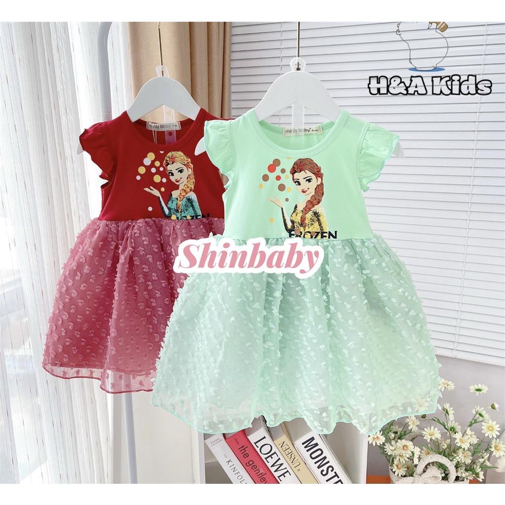 Đầm váy cánh tiên in hình công chúa Elsa, áo thun cotton váy lưới đính bông siêu xinh