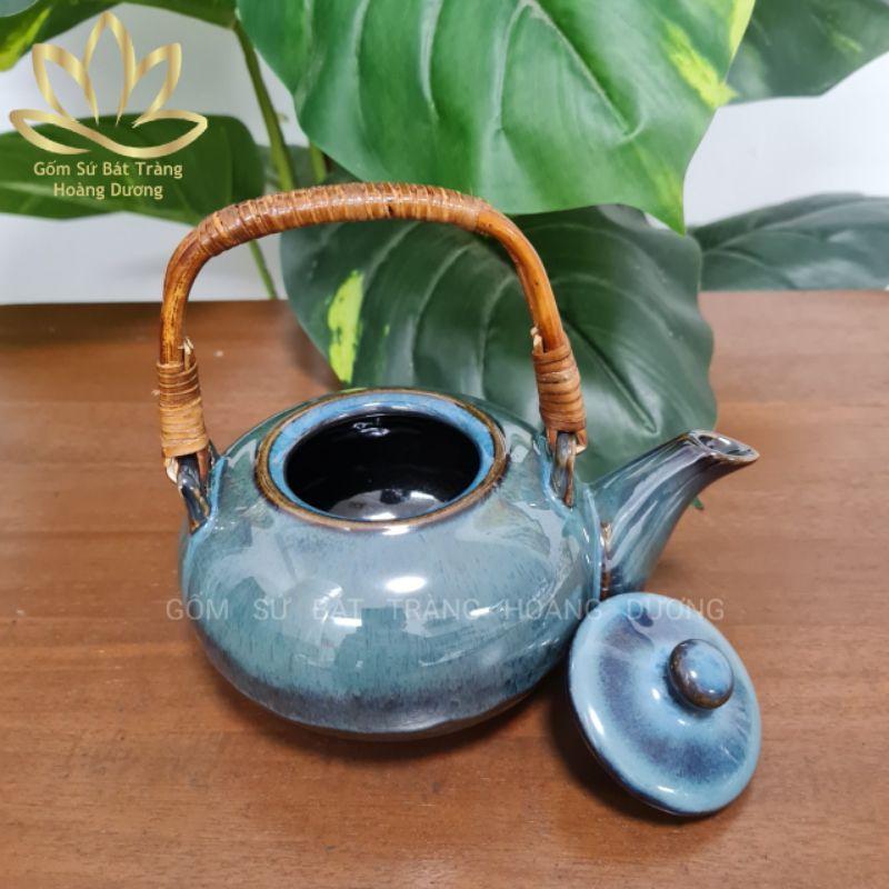 Bộ ấm chén hoả biến Bát Tràng màu xanh ngọc bích kèm khay