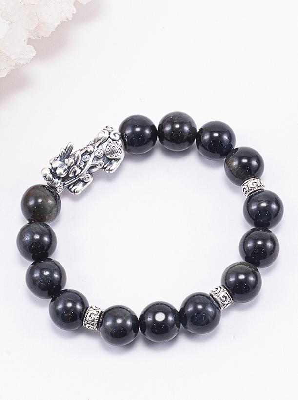 Vòng Tay Phong Thủy Đá Mắt Hổ Xanh Đen Phối Charm Tỳ Hưu Bạc Mệnh Thủy, Mộc Ngọc Quý Gemstones