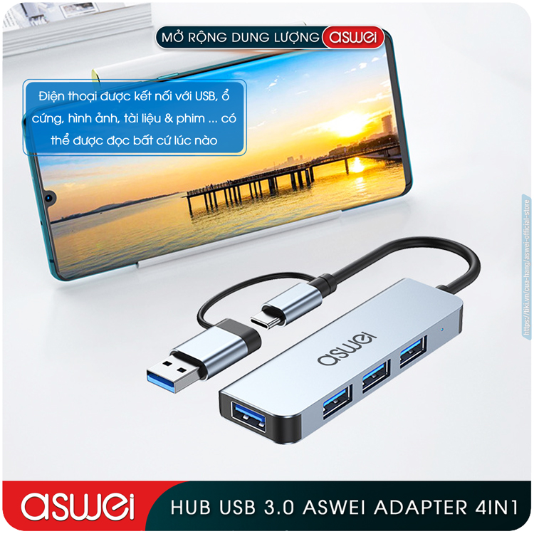 Hub Chuyển Đổi USB Type C ASWEI - 4 in 1, 5 in 1, 6 in 1, 7 in 1, 8 in 1 - HDMI, USB 3.0, PD, SD, TF, RJ45, Audio 3.5mm - Tốc Độ Cao, Hàng Chính Hãng