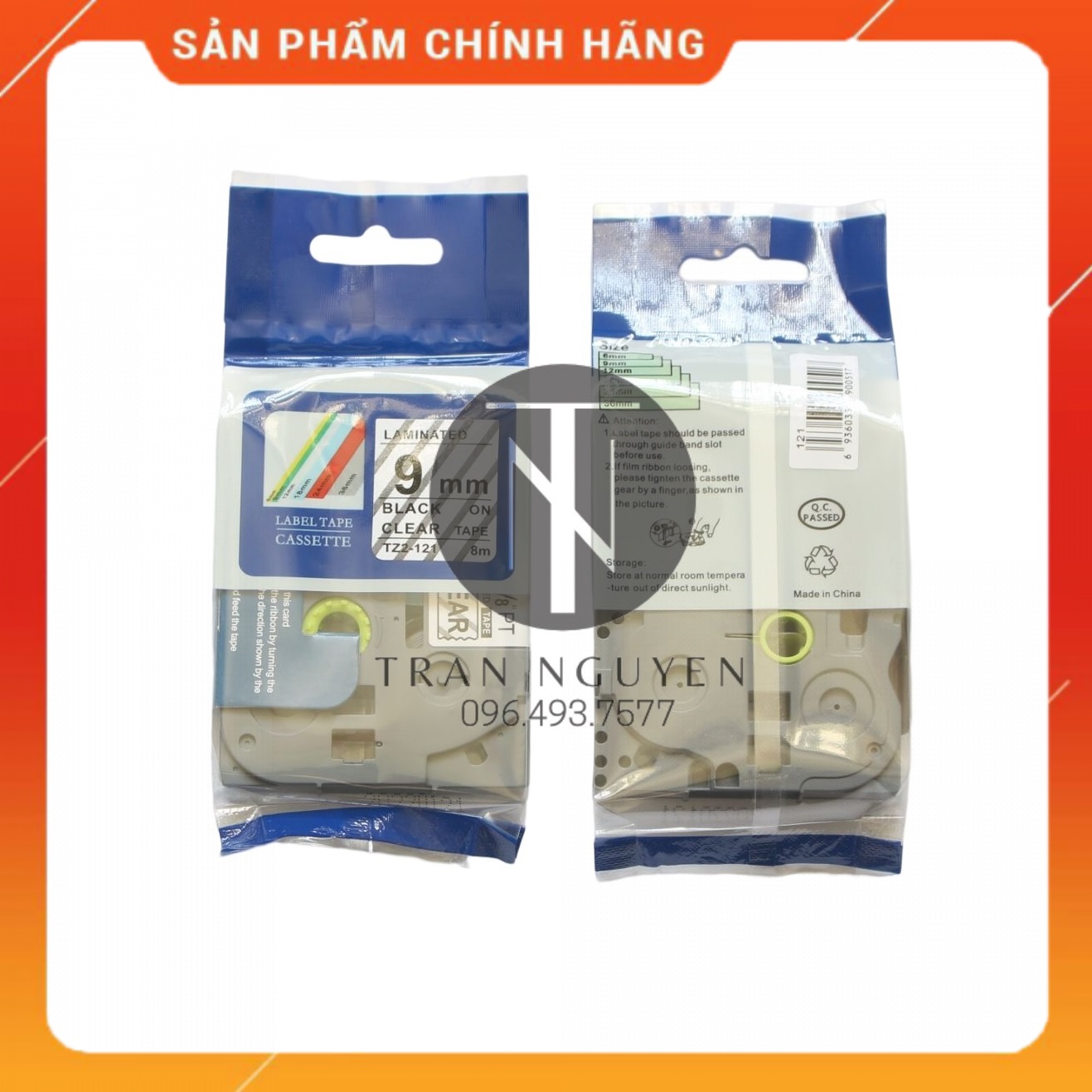 Nhãn In Brother Tz2-121 Đen nền trong 9mm x 8m - Hàng nhập khẩu