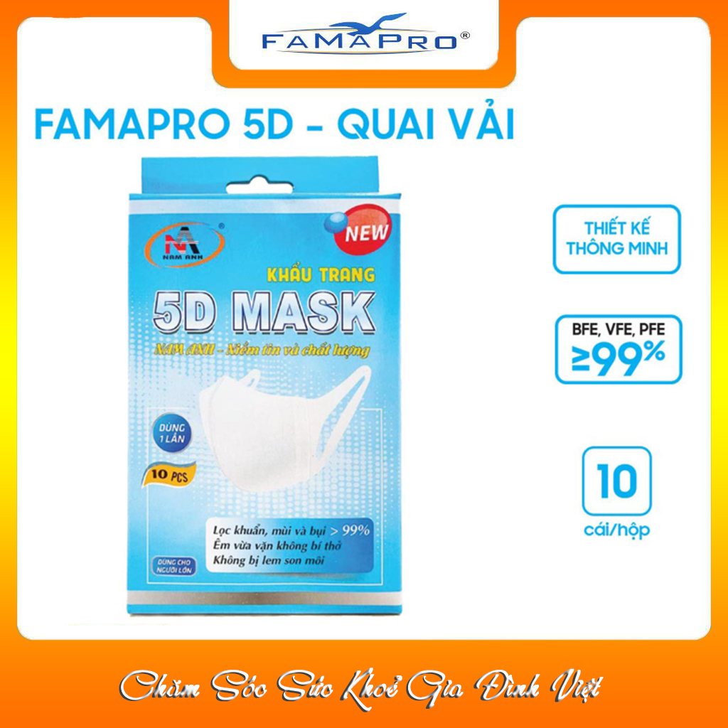 Khẩu Trang Y Tế Kháng Khuẩn 3 Lớp Famapro 5D Mask/Quai Vải/Combo Ưu Đãi Hộp 10 Cái