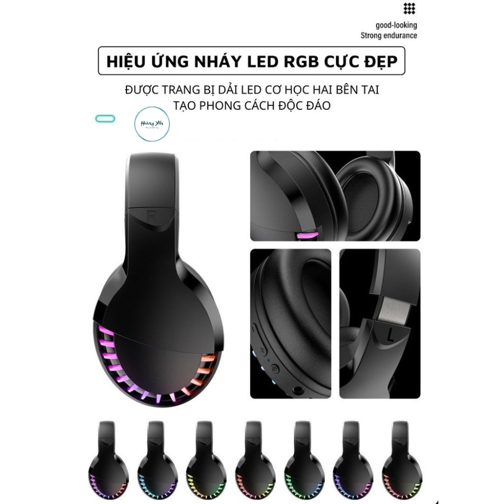 Tai nghe bluetooth headphone gaming  Super Bass đèn led đổi màu RGB dùng cho điện thoại máy tính pc laptop