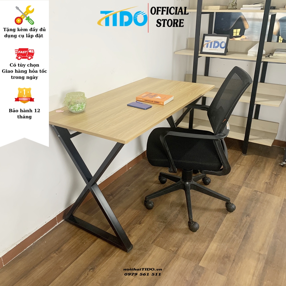 Bàn Làm Việc Chữ X Phong Cách Trẻ Trung - Chân Sắt Hộp Lớn - Tido - 120X60X75 Cm - Vân Gỗ Vàng