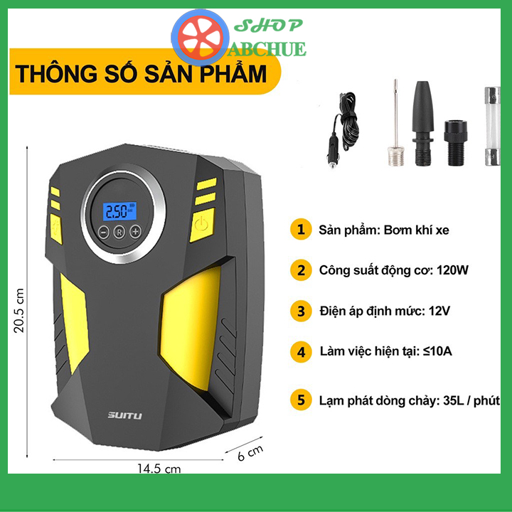 Bơm Lốp Ô Tô Điện Tử Tự Ngắt SUITU ST-5002 Có Đèn Chiếu Cực Sáng, Kèm Hộp Dụng Cụ Vá Đa Năng CarZone.Top