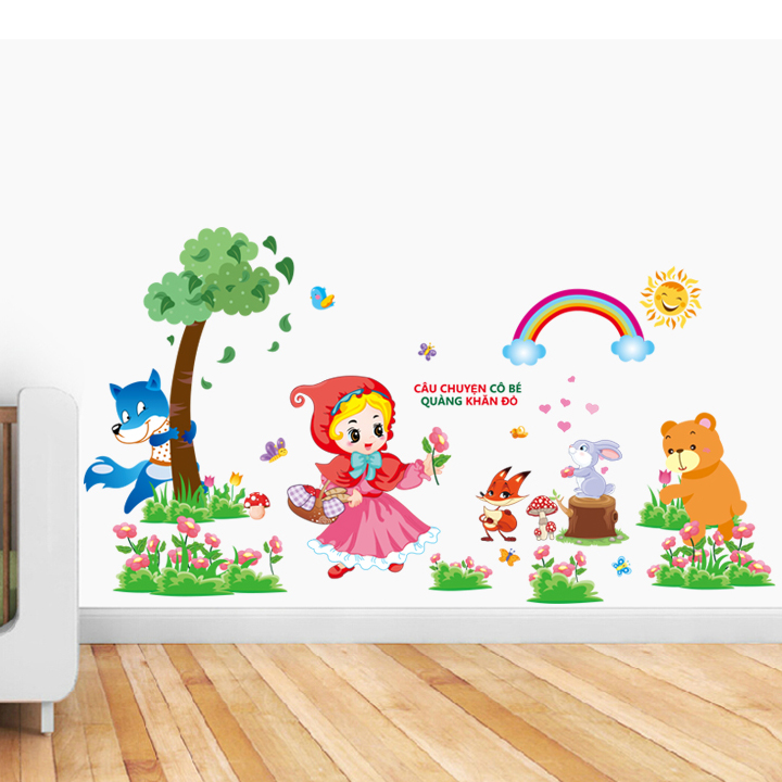 Decal dán tường chất liệu PVC loại 1 dày dặn, sắc nét, trang trí phòng ngủ cho bé- cô bé quàng khăn đỏ- mã sp LV8866