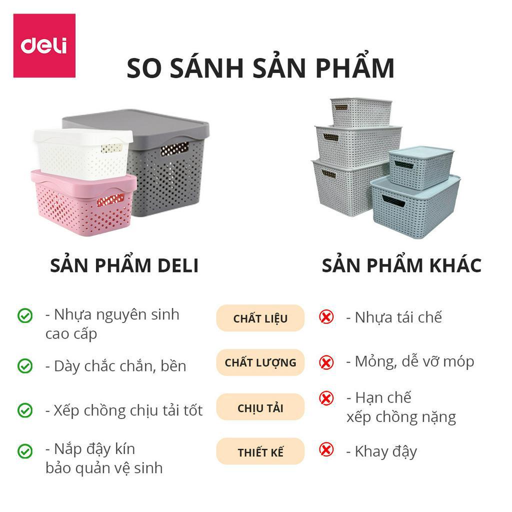 Giỏ nhựa đựng đồ đa năng có nắp đậy cao cấp Deli - Nhiều size, kích cỡ lớn nhỏ , có tay cầm, phong cách Nhật Bản đơn giản, tiện dụng, vật liệu an toàn - Đựng sách vở đồ cá nhân mỹ phẩm quần áo chăn gối ga mền