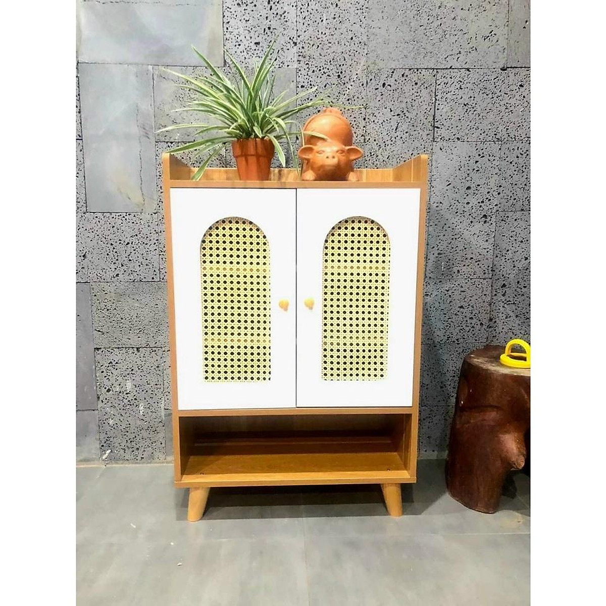 Tủ giày gỗ, kệ để giày thông minh 2 cánh tủ mây gỗ phong cách cao cấp hiện đại trang trí nhà 78x30x78cm