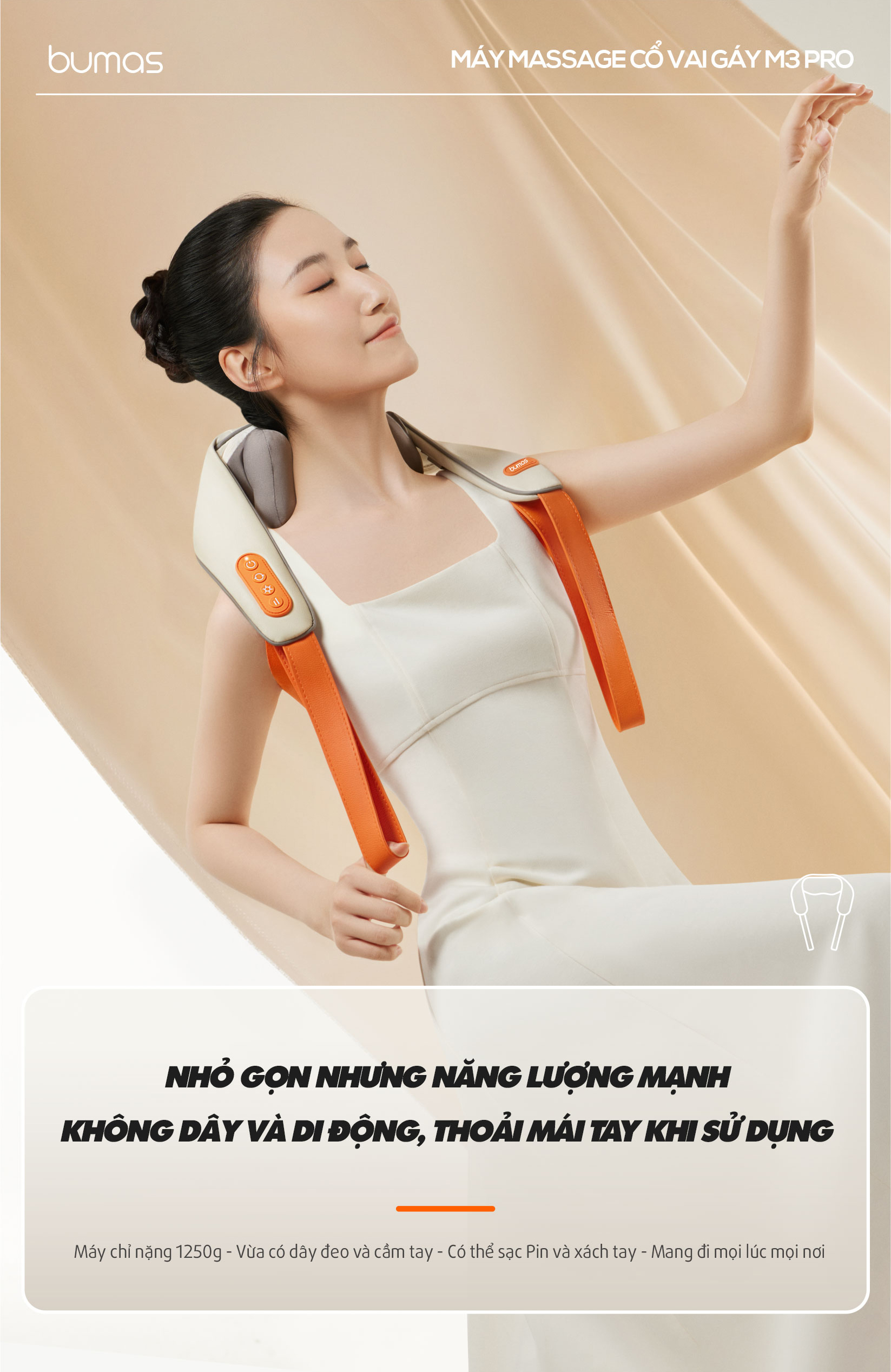 Máy Massage Cổ Vai Gáy Bumas M3 Pro - Nâng Cấp 8 Đầu Massage - Chườm Nóng Hiệu Quả - Động Cơ Không Chổi Than - Hàng Chính Hãng