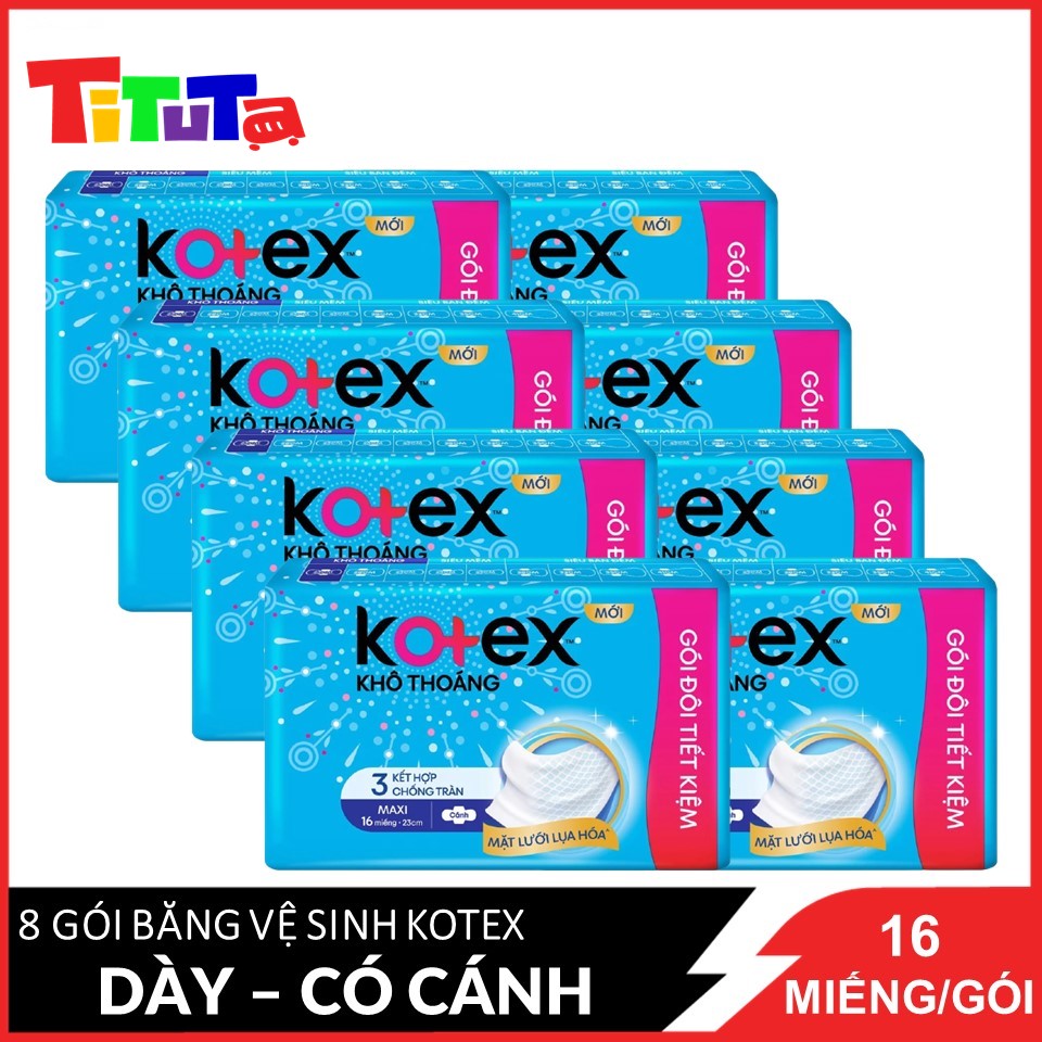 Combo 8 Băng Vệ Sinh Maxi Có Cánh 23cm Kotex Khô Thoáng Kết Hợp 3 Chống Tràn 16 miếng