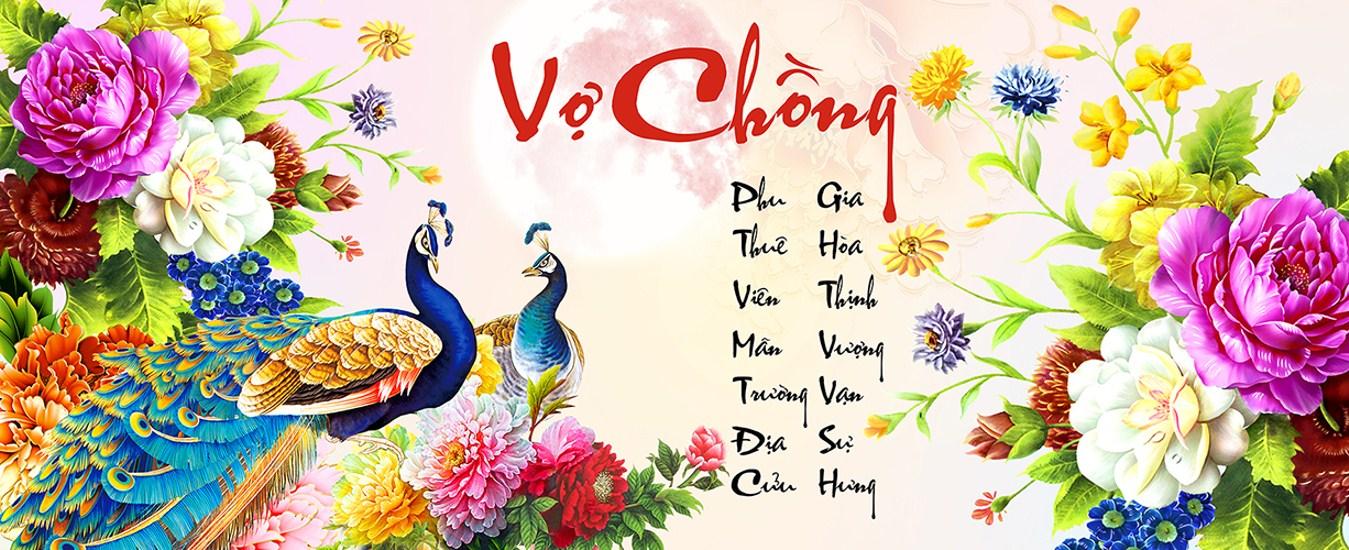 Tranh thêu chữ thập vợ chồng chim công hoa mẫu đơn LV3481 110 x 50 cm  - chưa thêu