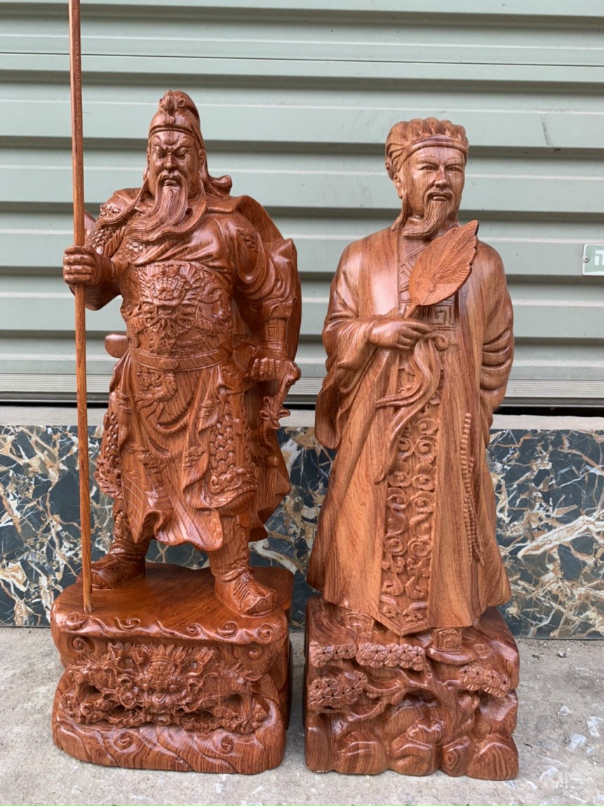 Cặp văn võ song toàn,tượng khổng minh và quan công bằng gỗ hương kt cao 30×13×11cm 