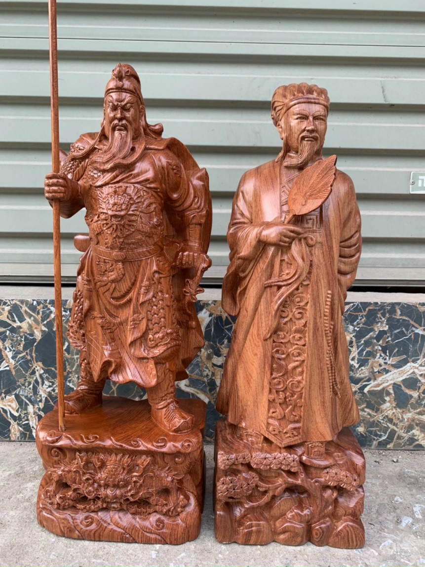 Cặp văn võ song toàn, khổng minh ,quan công bằng gỗ hương đá kt cao 20×9×8cm