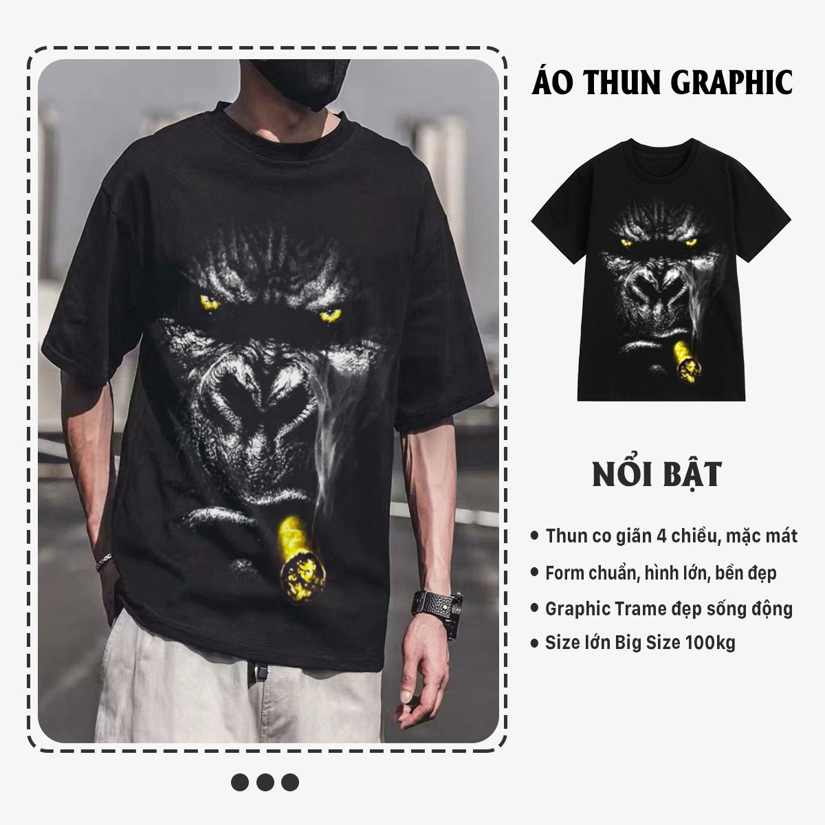 Hình ảnh Áo thun nam cổ tròn tay ngắn TeeSett big size boy phố cotton màu đen in hình khỉ king konggraphic design