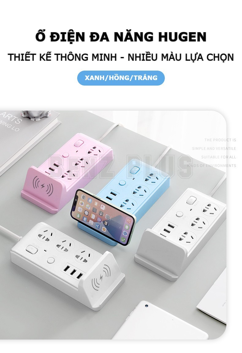 Ổ cắm điện đa năng BENZ hỗ trợ sạc không dây 3 cổng USB 3 ổ điện đa chuẩn phích cắm 2 công tắc chịu tải 2500W dây nối dài 1.8m/2.8m