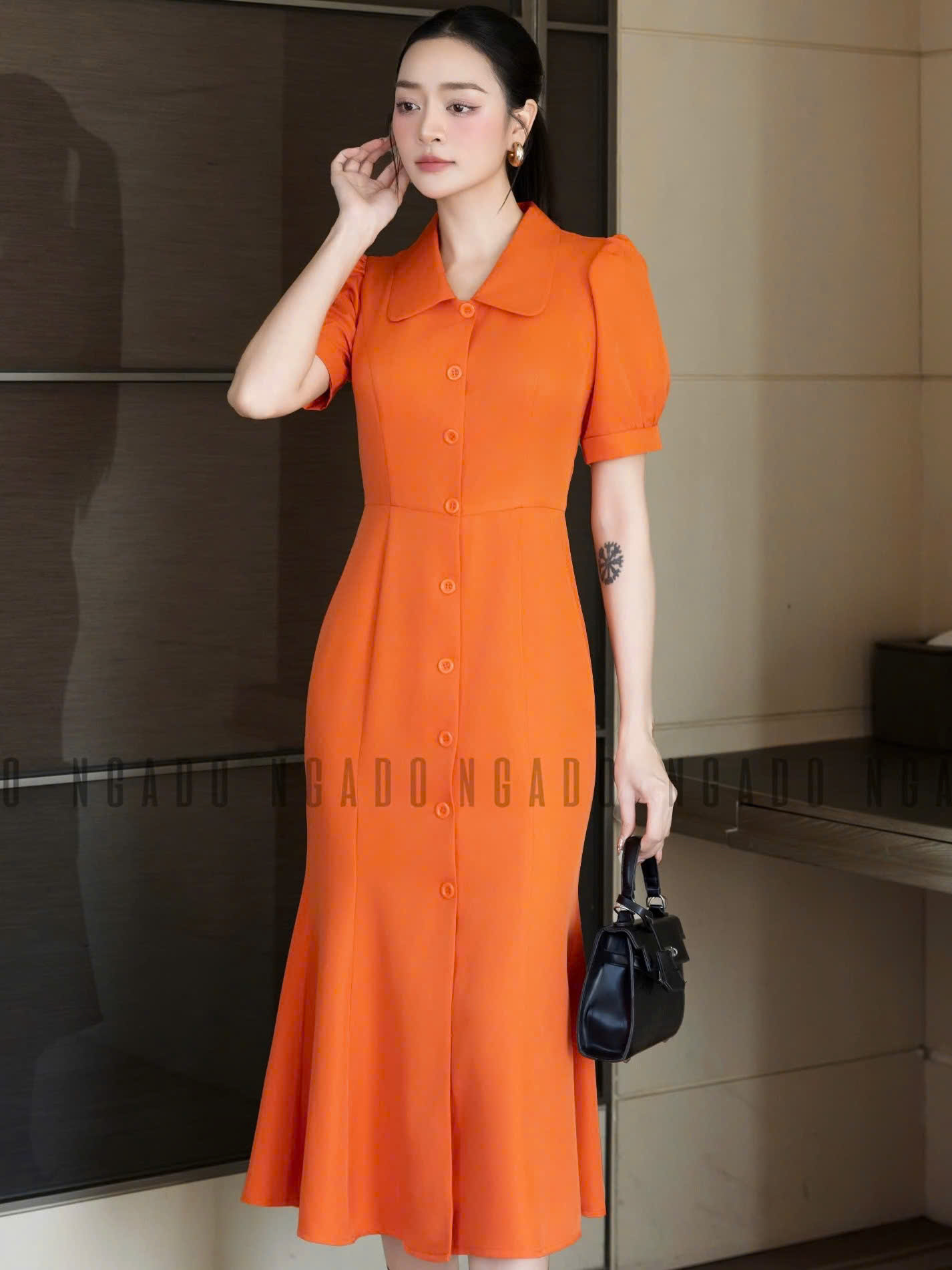 Đầm cam xẻ vạt NGADO , đầm dáng dài , đầm dự tiệc , công sở