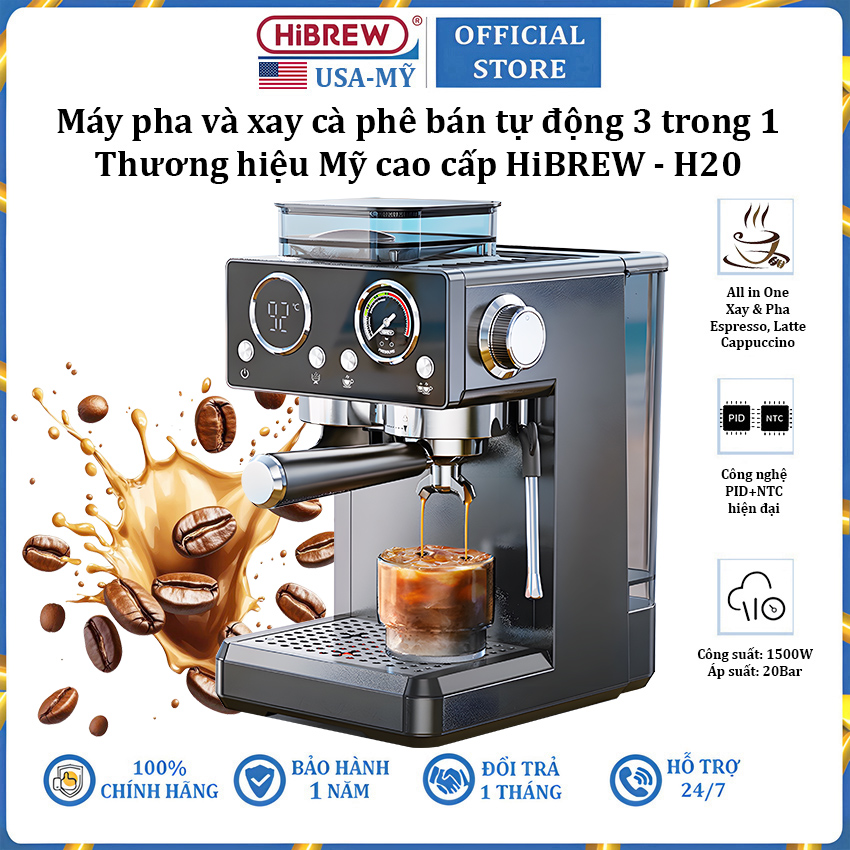Máy pha và xay cà phê bán tự động 3 trong 1 Espresso, Cappuccino, Latte thương hiệu Mỹ cao cấp HiBREW H20 - Công suất 1500W 20bar - Hàng chính hãng
