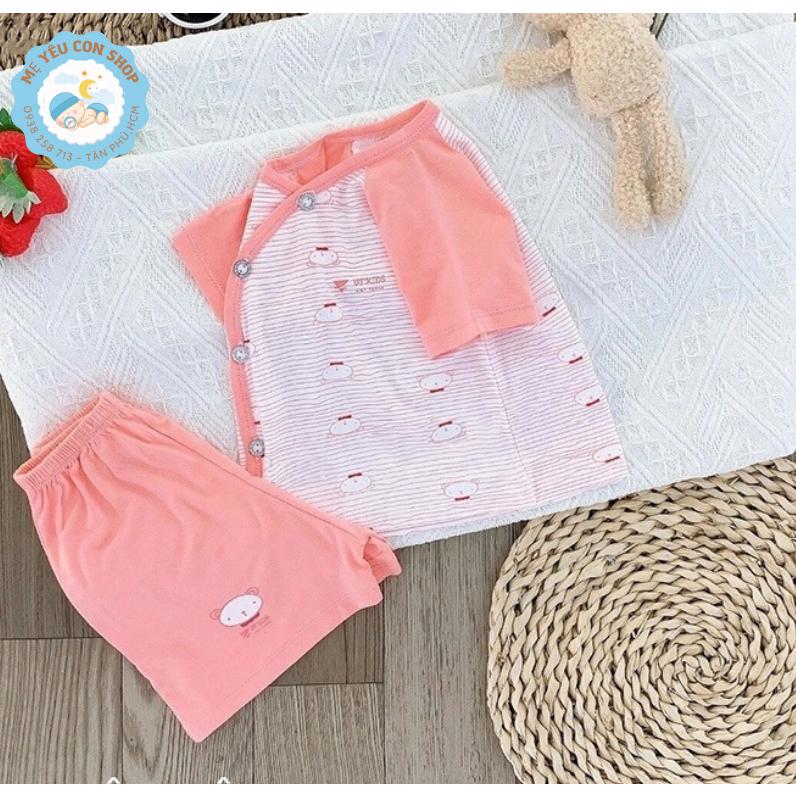 [3-9kg] Bộ Quần Áo Ngắn Tay Chất Thun Lạnh Mềm Mát Kẻ Sọc Phối Màu Cho Bé - Hồng