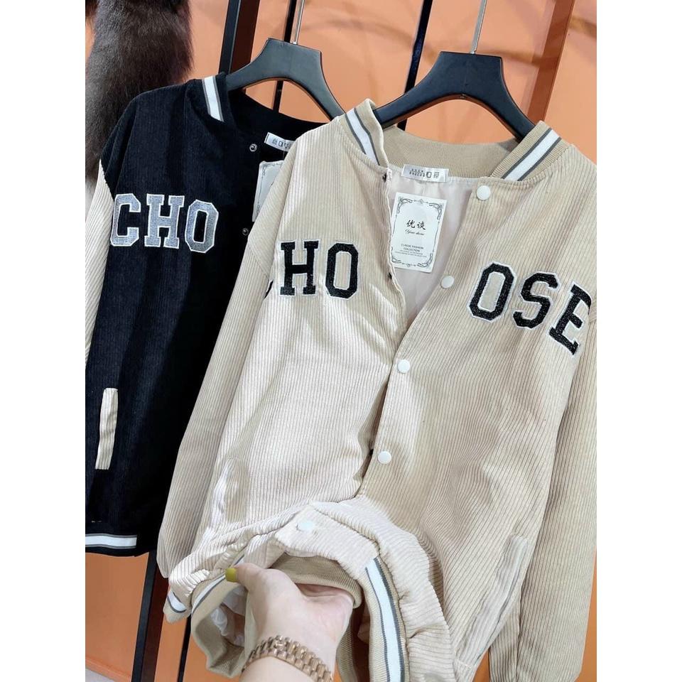 Áo Khoác Bomber Bóng Chày Nhung Gân Tăm Thêu CHOOSE Phối Tay 2 Màu 2 Lớp Form Rộng Unisex Nam Nữ Ulzzang Hot Trend