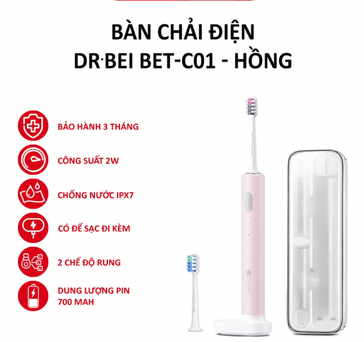 Bàn chải đánh răng điện DR.BEI BETC01 kháng nước IPX7 - Hàng nhập khẩu