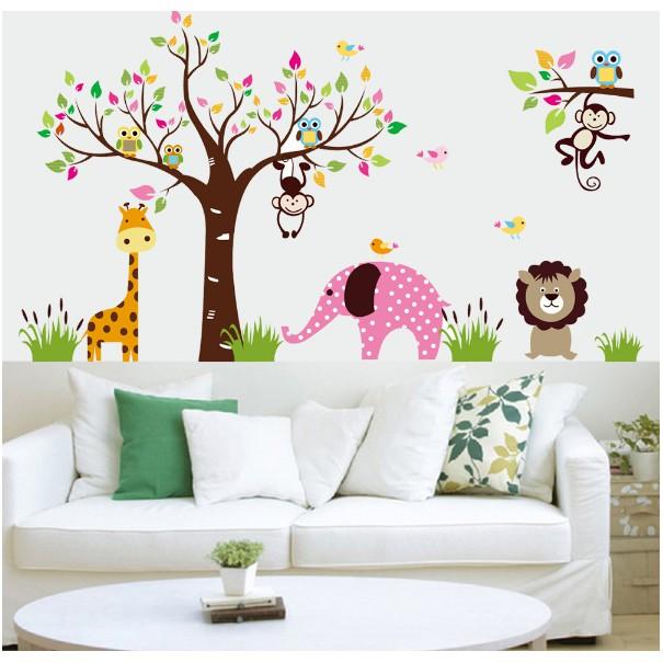 Decal trang trí tường - Thú và Cây sắc màu size lớn