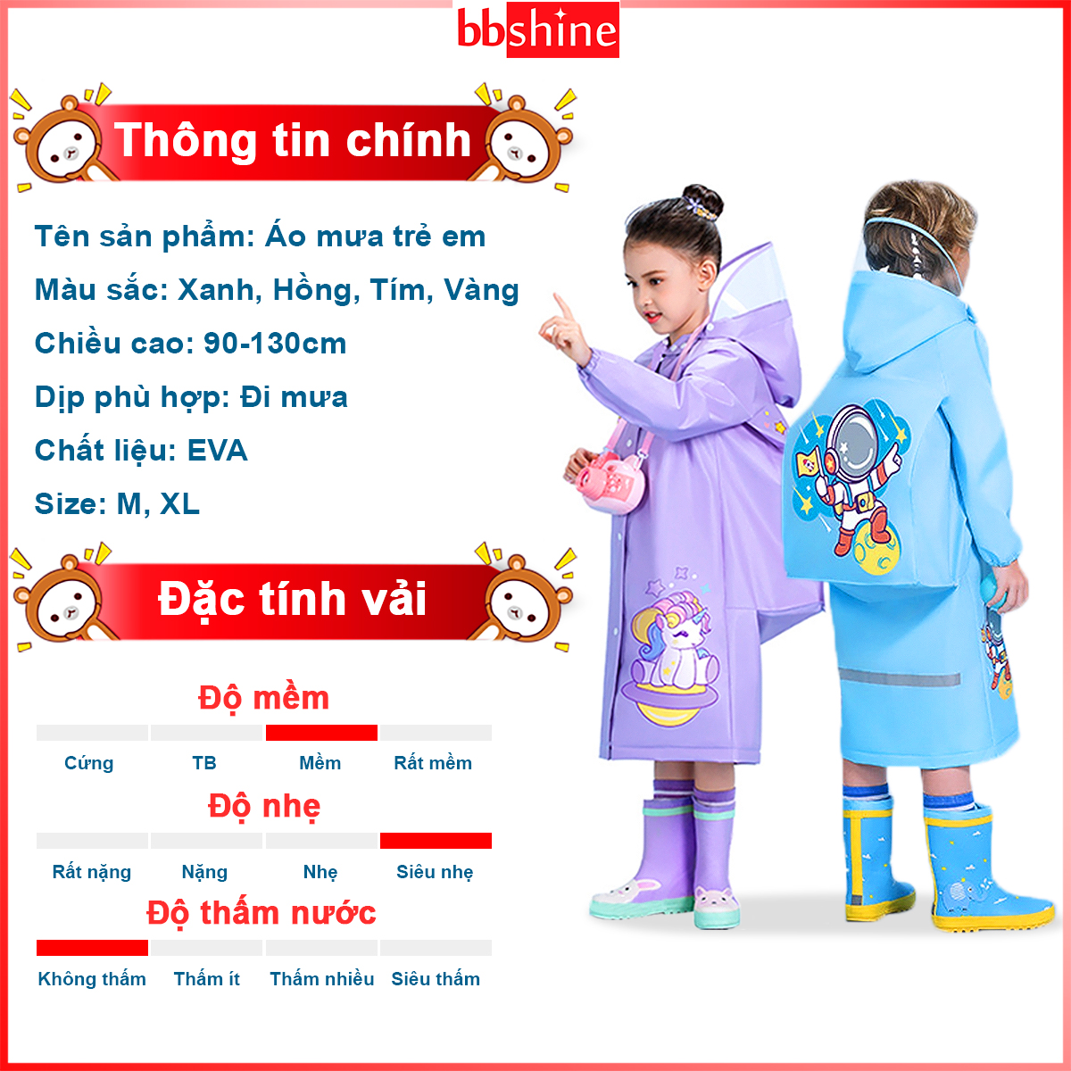 Áo mưa cho bé 2-10 tuổi cao cấp BBShine, Áo mưa trẻ em họa tiết hình thú ngộ nghĩnh nhiều màu tươi sáng – AM015