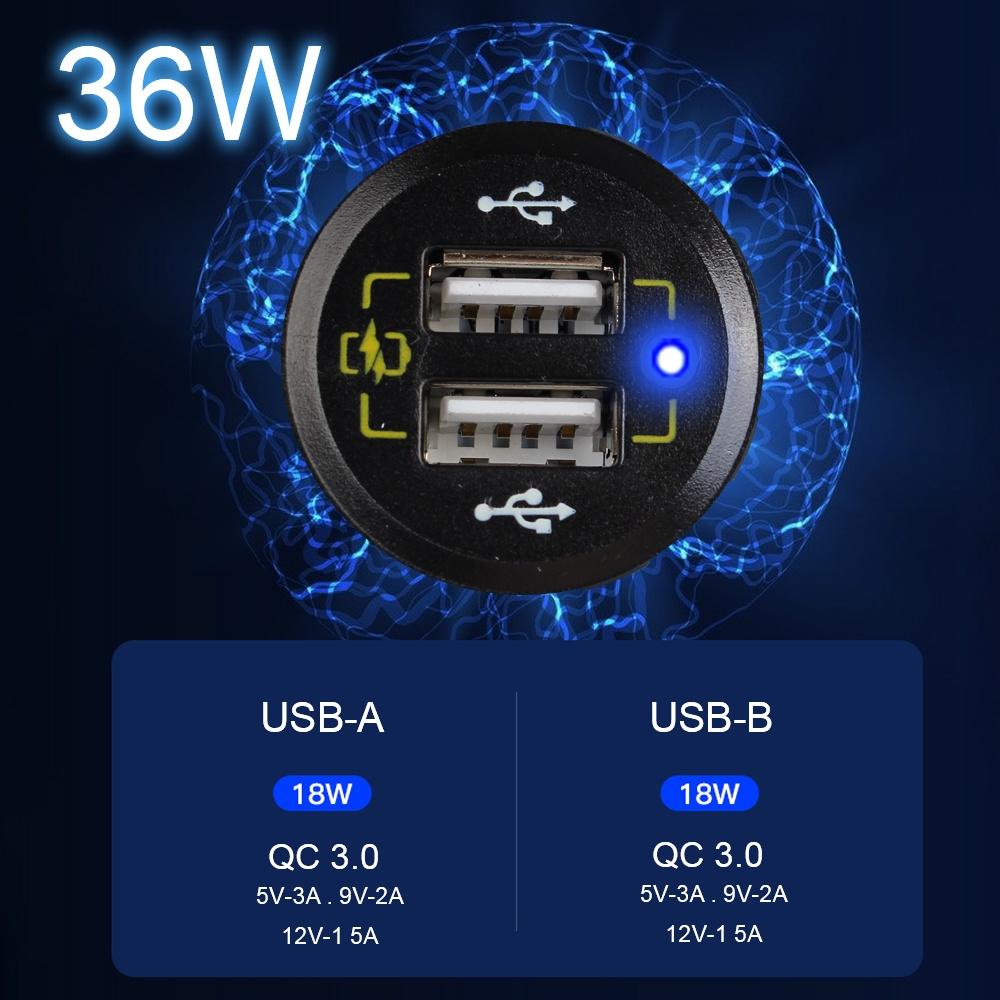 Tẩu sạc hai cổng USB QC 3.0 chống nước chống bụi cho xe hơi/xe tải/tàu thuyền