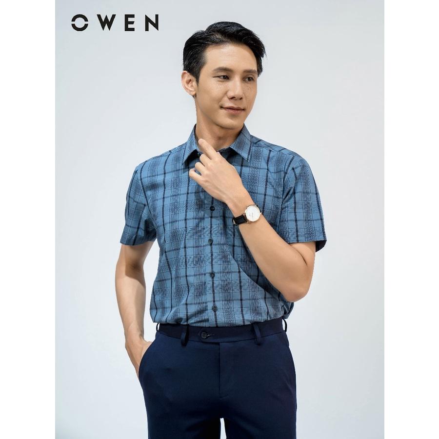 OWEN - Áo sơ mi ngắn tay Owen Regular fit chất sợi sen kẻ ca rô xanh 220077