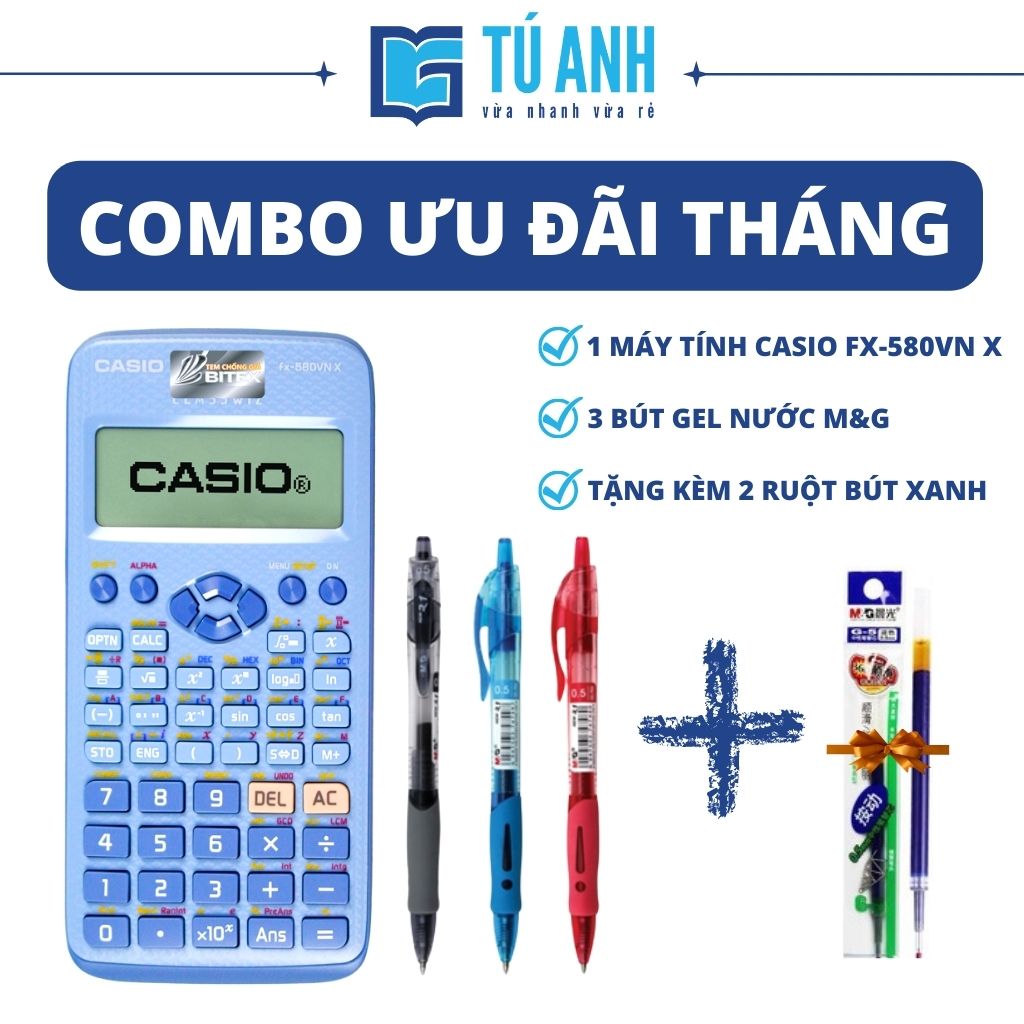 [ Combo Ưu Đãi Tháng ] - Máy Tính Casio FX 580VN X [1] + 3 Bút Nước M&amp;G R1 AGP02376 0.5mm [ Xanh + Đỏ + Đen ] + Tặng kèm 2 ruột bút nước