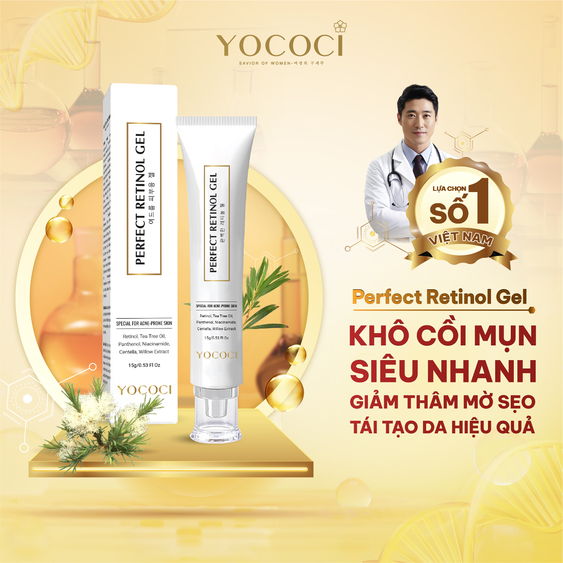 Gel chấm mụn retinol Yococi giảm viêm, khô cồi mụn, xẹp mụn, mờ thâm Perfect Retinol Gel 15g