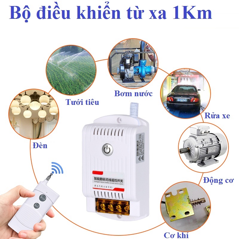 Bộ công tắc điều khiển từ xa 1KM bật tắt máy bơm nước máy rửa xe đông cơ công suất lớn 30A/220V có chức năng học lệnh HT-9220KB