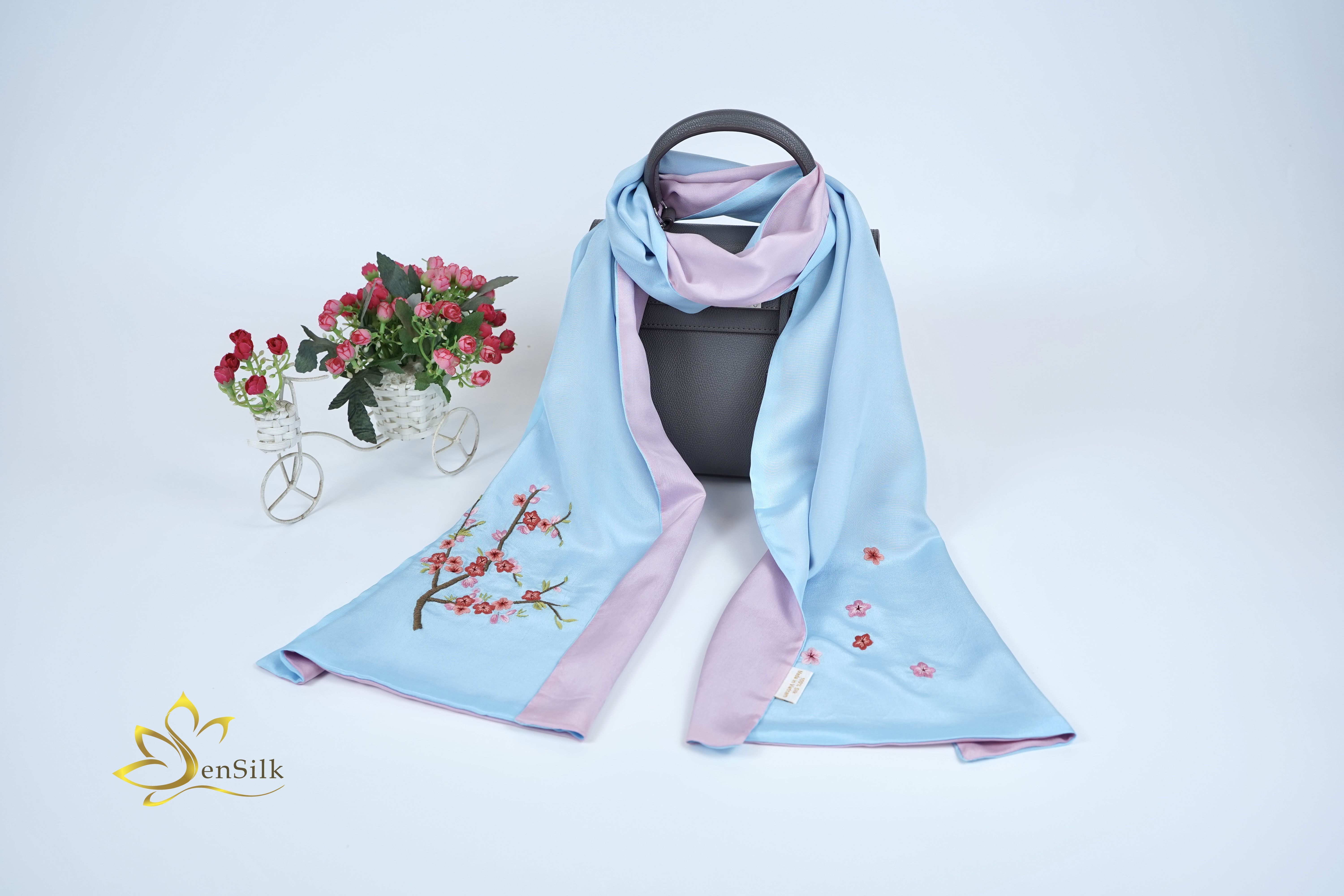 100% Silk Scarf Hand Embroidery, Khăn Lụa 2 Màu Thêu Handmade Hoa Đào SenSilk, Quà Việt Nam Cao Cấp 160x35cm