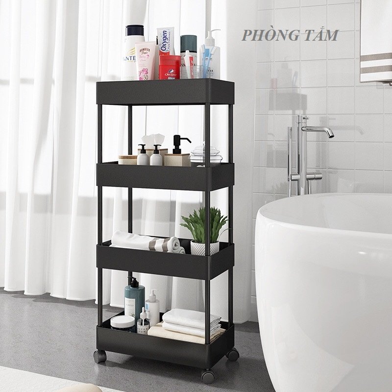 Kệ đựng đồ 4 tầng tiện lợi, có bánh xe di chuyển, kệ bỉm sữa, Spa đa năng