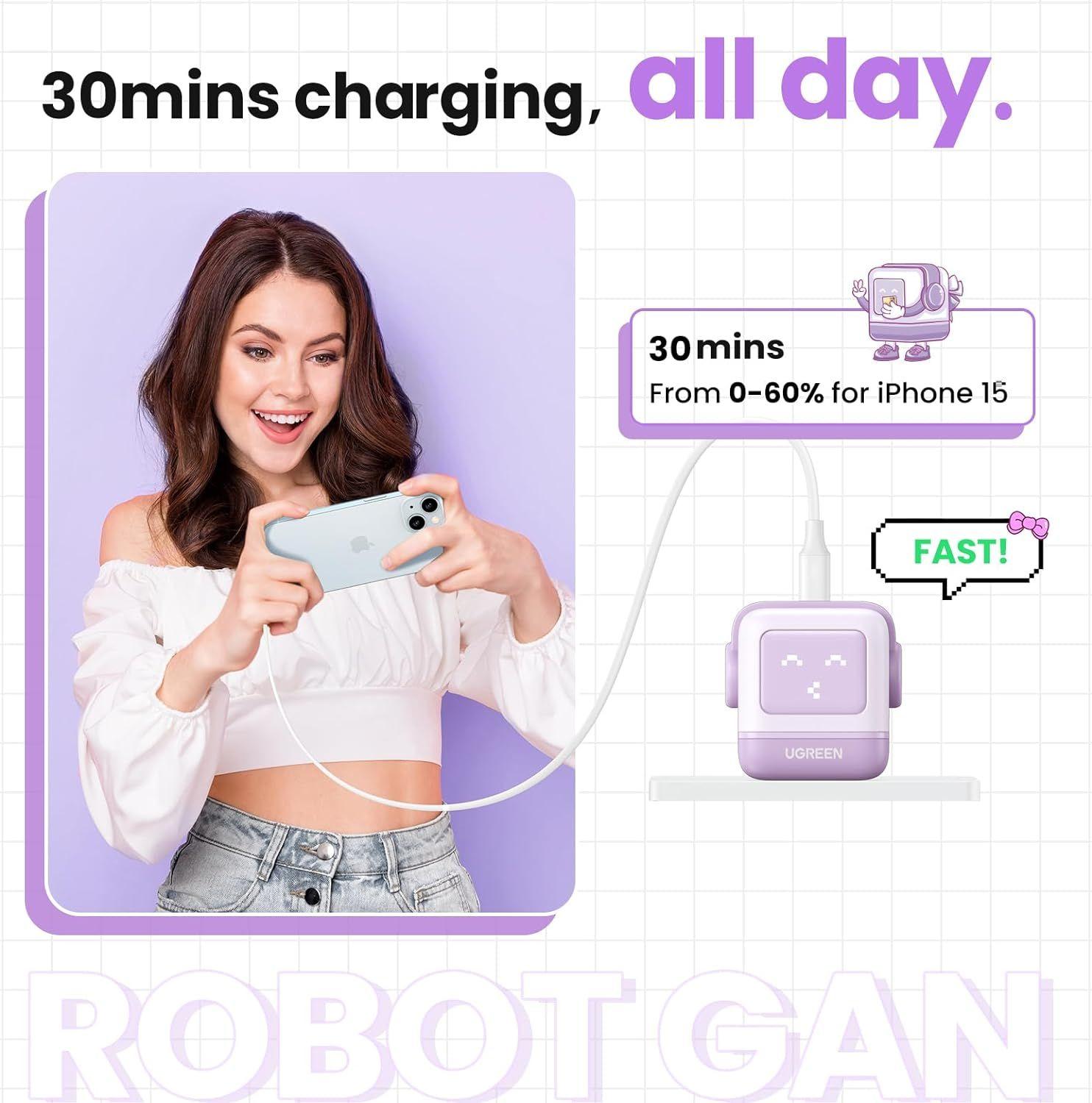 Ugreen UG25036CD359TK 30W RoboGaN màu tím 1 cổng usb type c RG chân cắm dẹp US plug robotGaN with LCD bộ sạc Nexode robot chuẩn PD GaN - HÀNG CHÍNH HÃNG