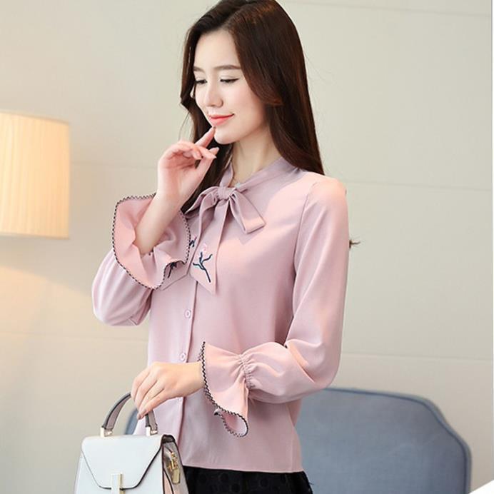 Áo sơ mi công sở nữ thêu hoa thắt nơ kiểu Hàn Quốc