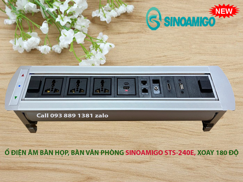 Ổ cắm âm bàn họp, bàn văn phòng Sinoamigo STS-240E, xoay 180 độ, tích hợp đầy đủ ổ cắm cần thiết cho văn phòng