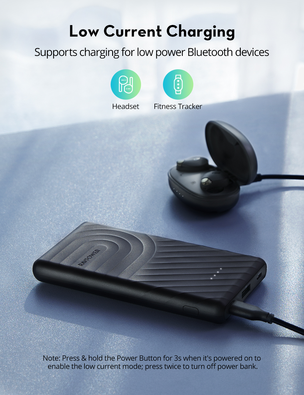 Pin Sạc Dự Phòng RAVPower 10000mAh In/Out Type-C PD 18W, Quick Charge 3.0  - RP-PB195 - Hàng Chính Hãng