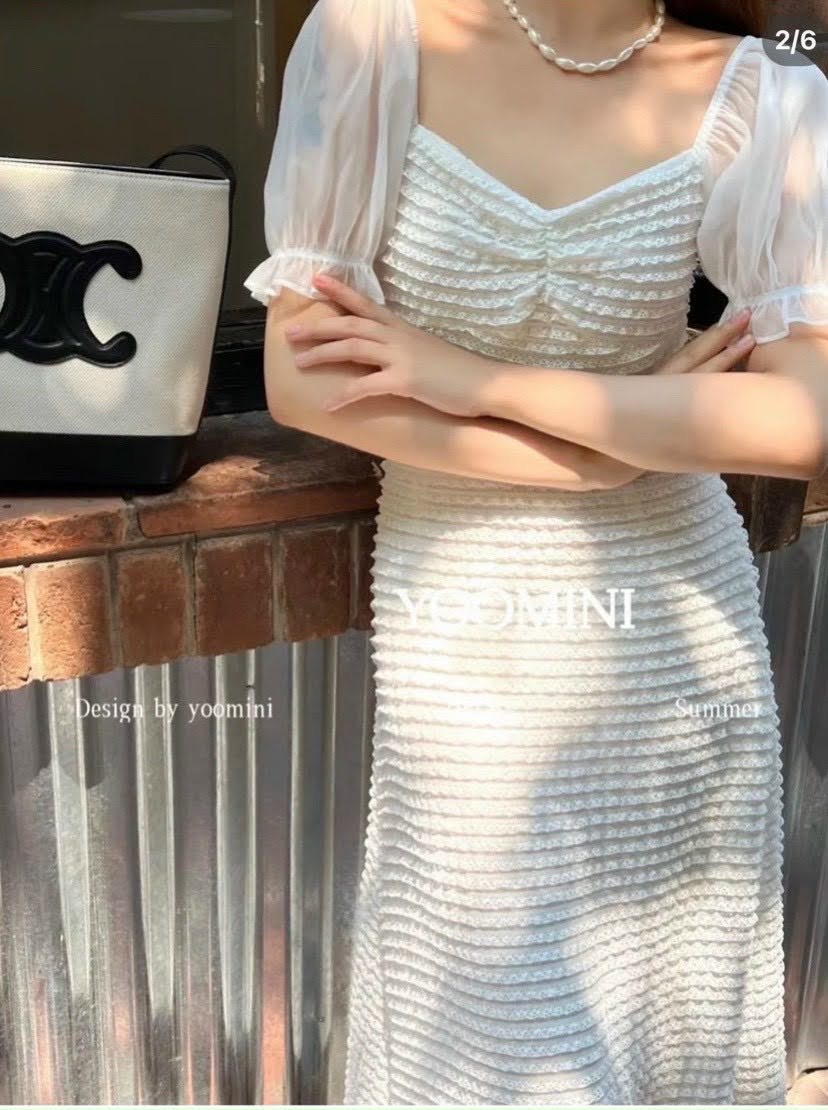 Đầm nhún ngực tay tơ tiểu thư