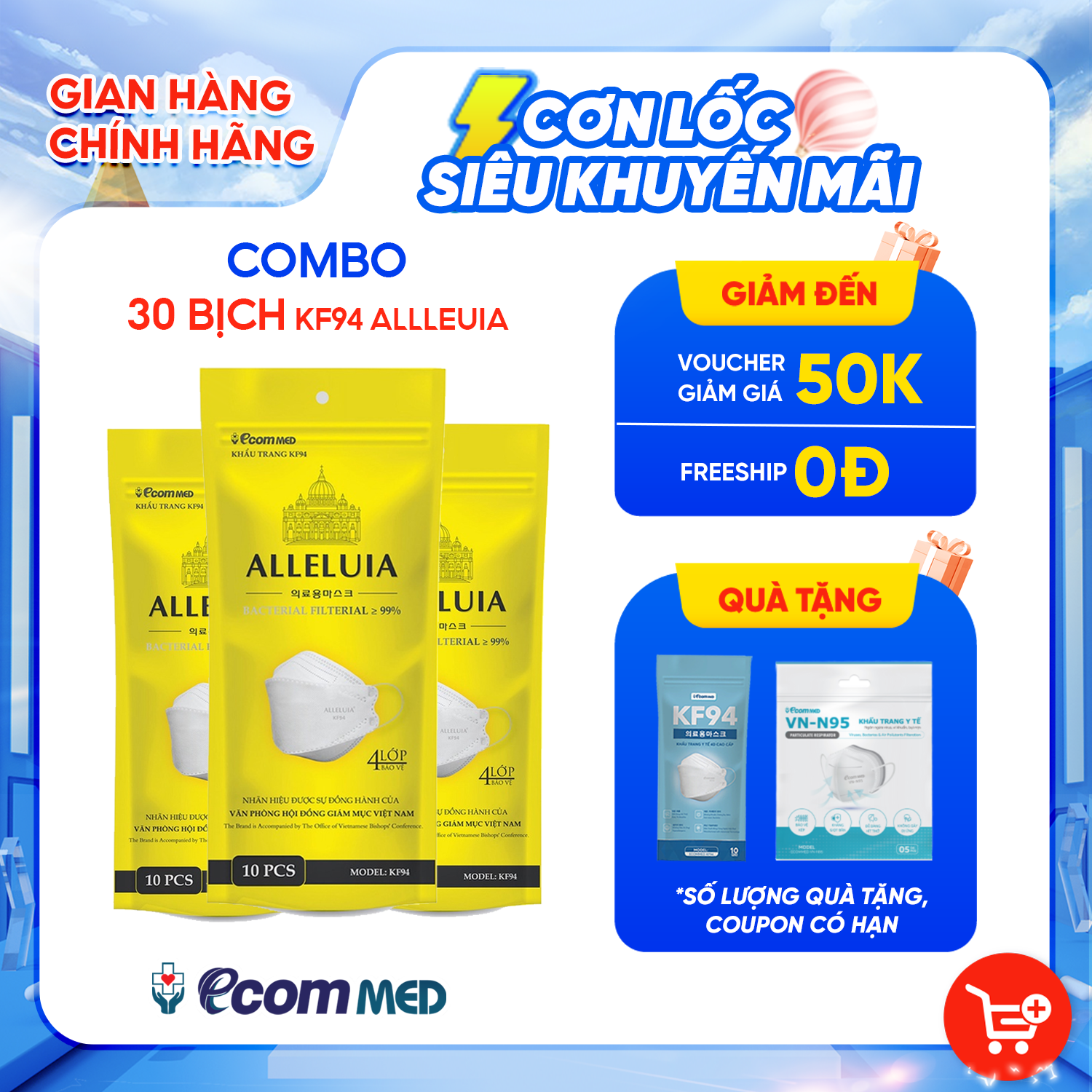 Thùng 300 Khẩu Trang KF94 Công Giáo EcomMed Alleluia (30 bịch)