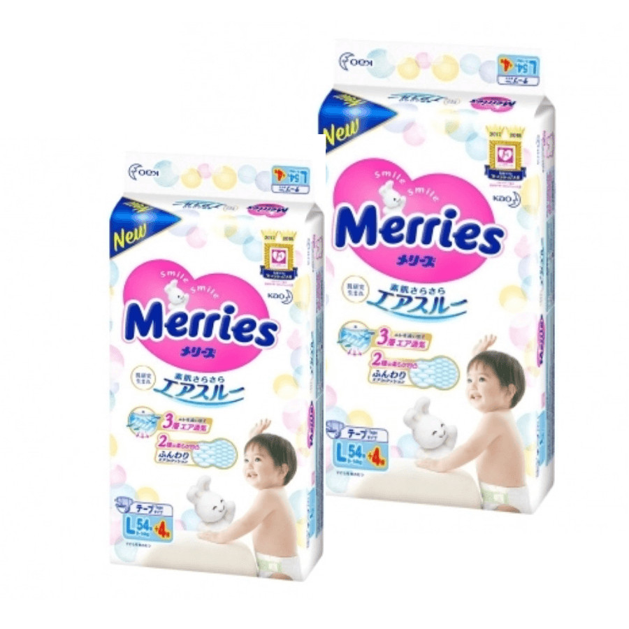 [Combo 2] Bỉm - Tã dán Merries cộng miếng size L 54+4 miếng (Cho bé 9~14kg)