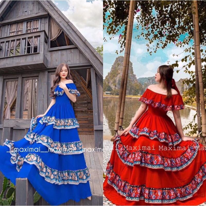 Đầm maxi trễ vai phối bèo hoa hàng loại 1 đi biển du lịch